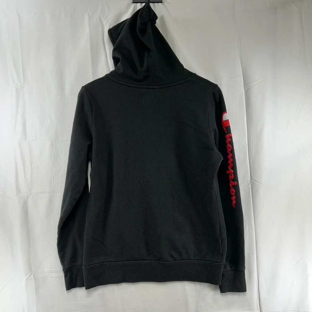 Champion Hoodie Youth Boy Large Black Red Script Sleeve Logo Pullover Sweatshirt